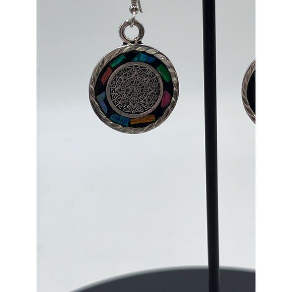 Sterling silver stamped 925 Inlaid Multicolor Dangle Earrings - Picture 3 of 8